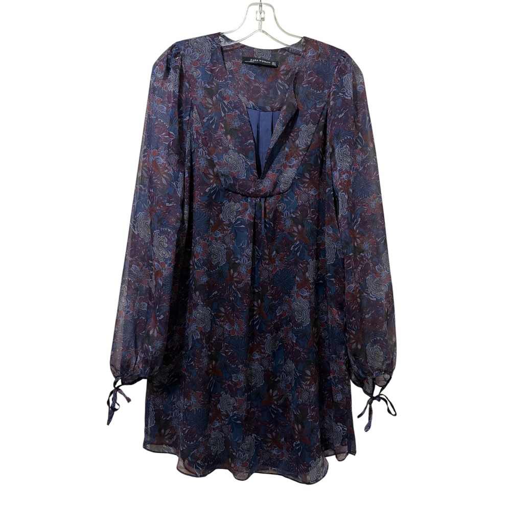 Zara Woman Floral Sheer Mini Dress Navy Blue Burgundy Tie Cuff V-Neck Medium